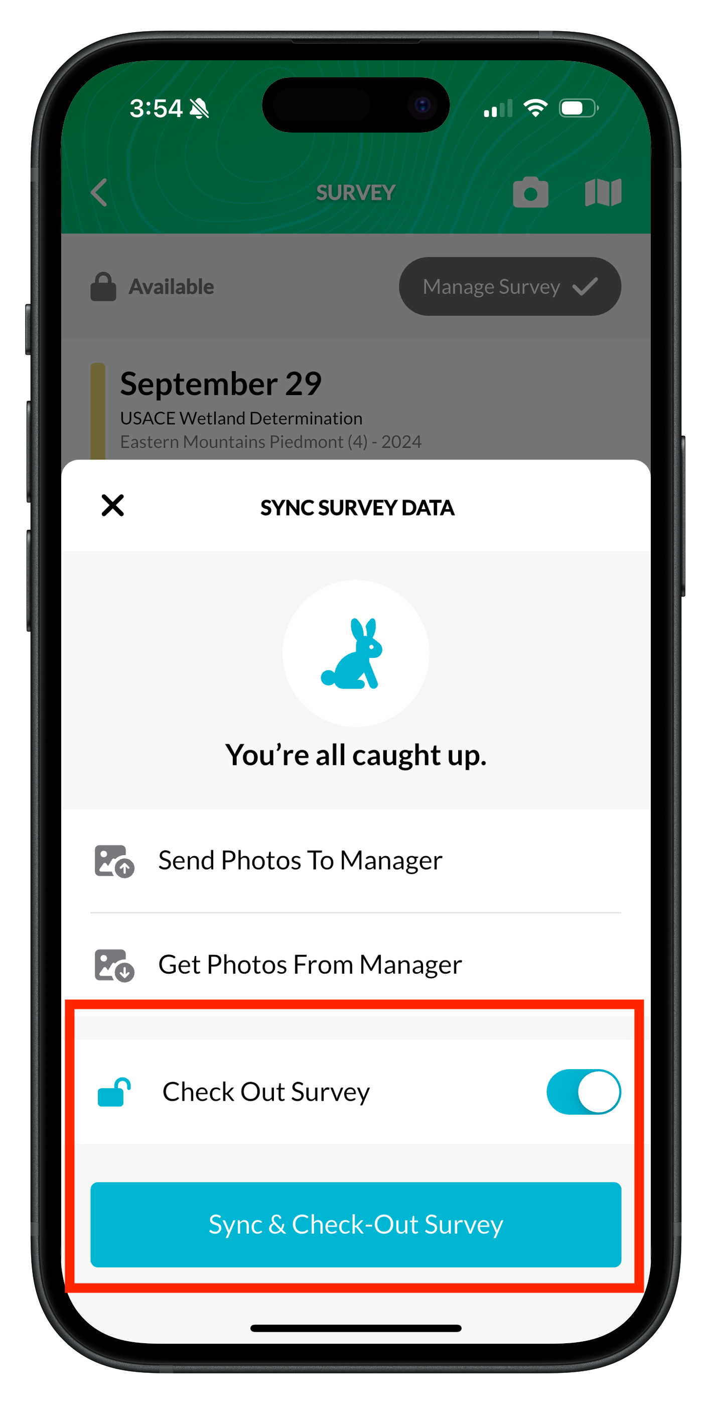 Sync Survey Data screen with Check Out Survey on and the Sync & Check-Out Survey button highlighted