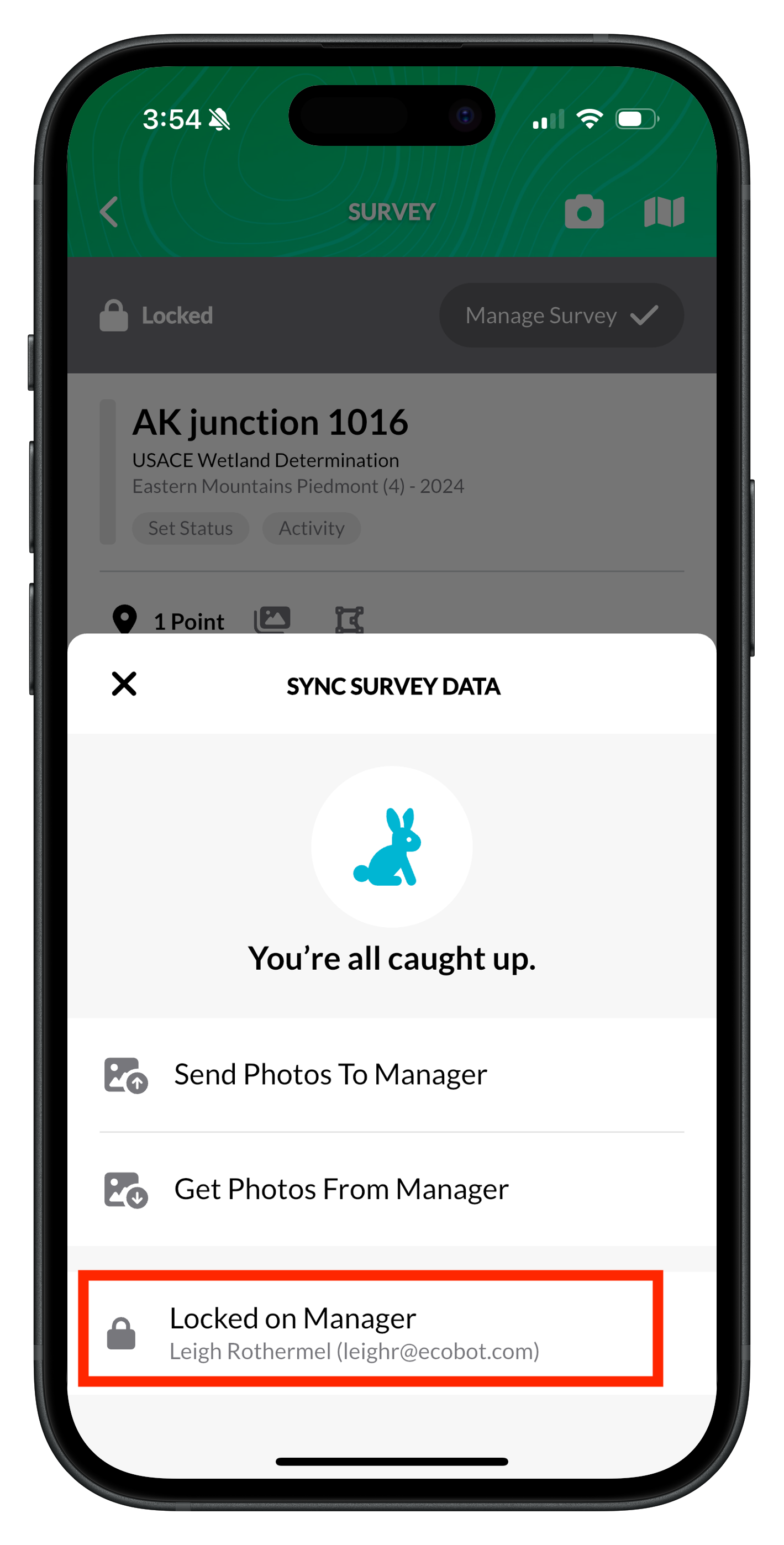 Sync Survey Data screen showing Locked on Manager with the name of the user who has the survey