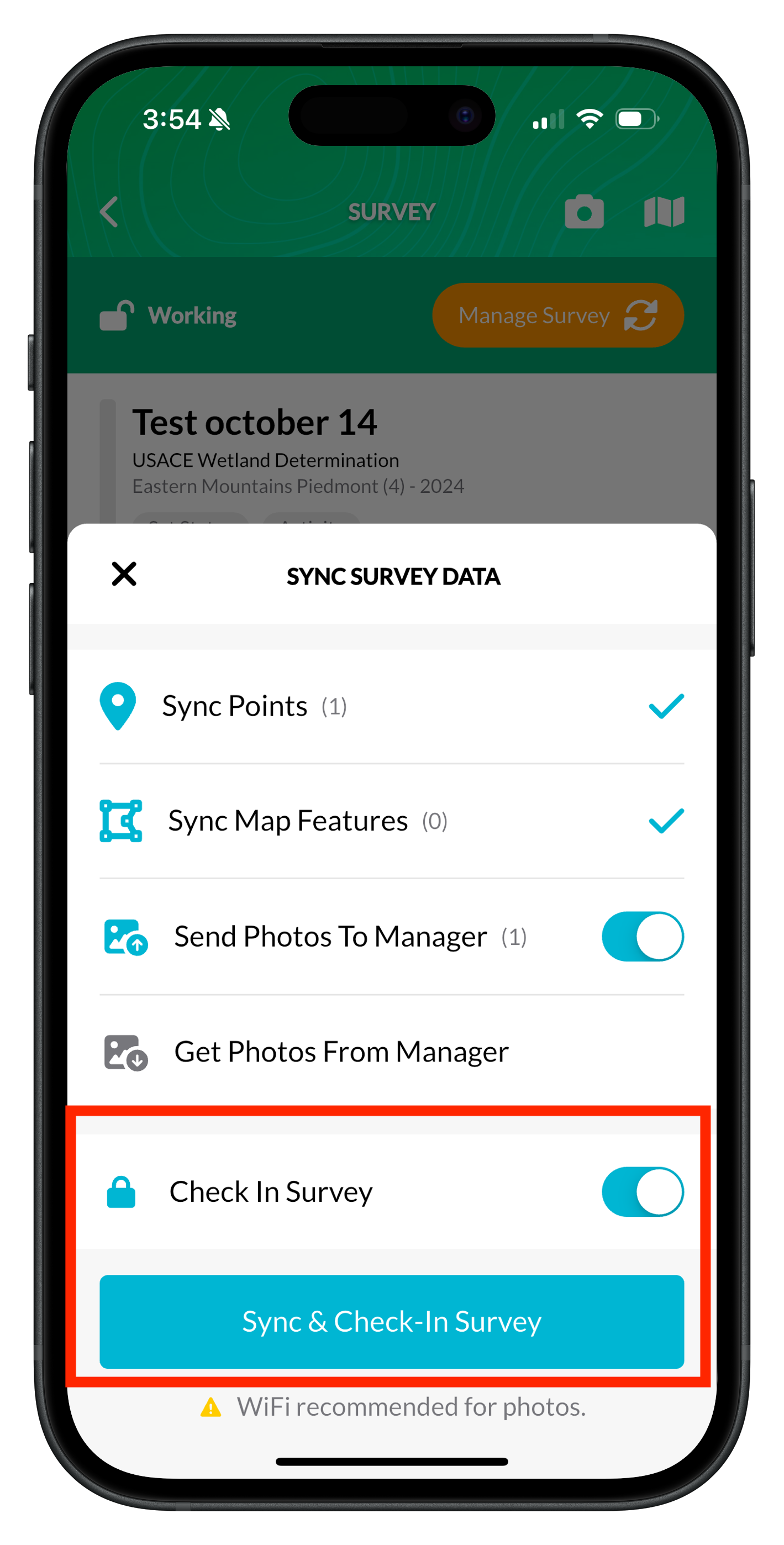 Sync Survey Data screen with Check In Survey on and the Sync & Check-In Survey button highlighted