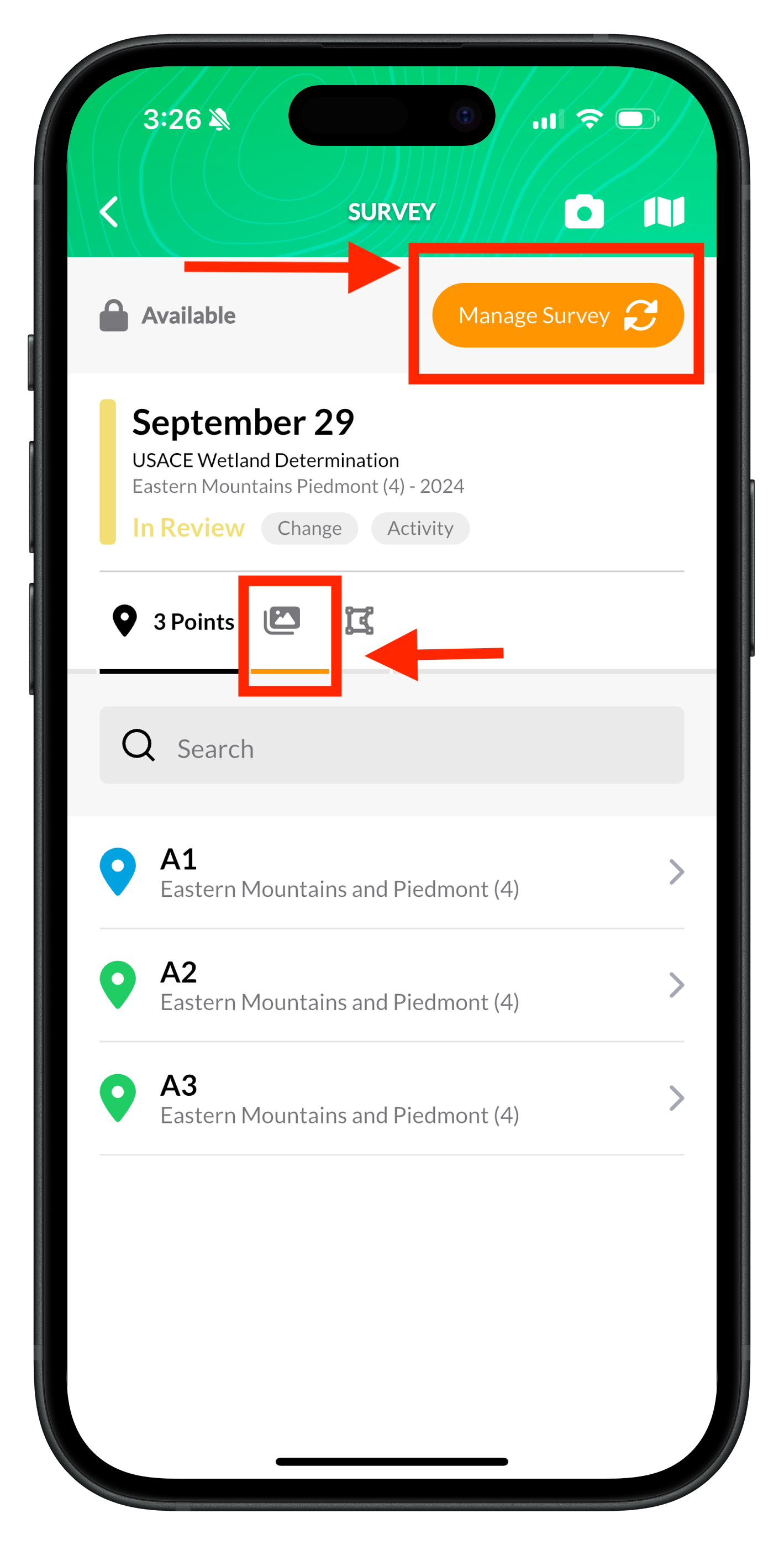 Collector survey screen with the Manage Survey button highlighted