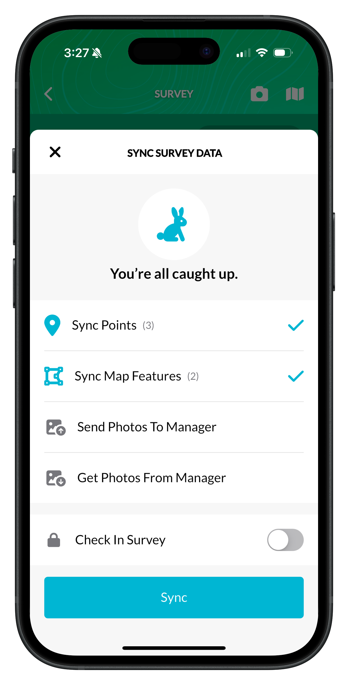 Sync Survey Data screen showing You're all caught up