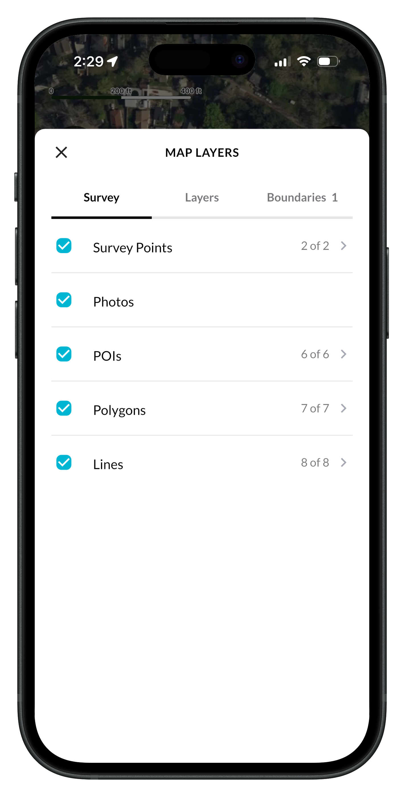 The Survey tab of Map Layers in Ecobot Collector, with Survey Points, Photos, POIs, Polygons and Lines turned on