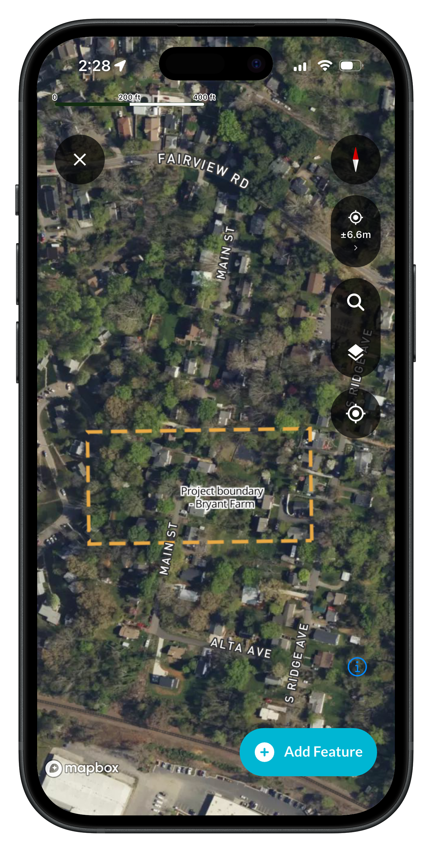 The map in Ecobot Collector, with the survey boundary shown as a dashed orange outline