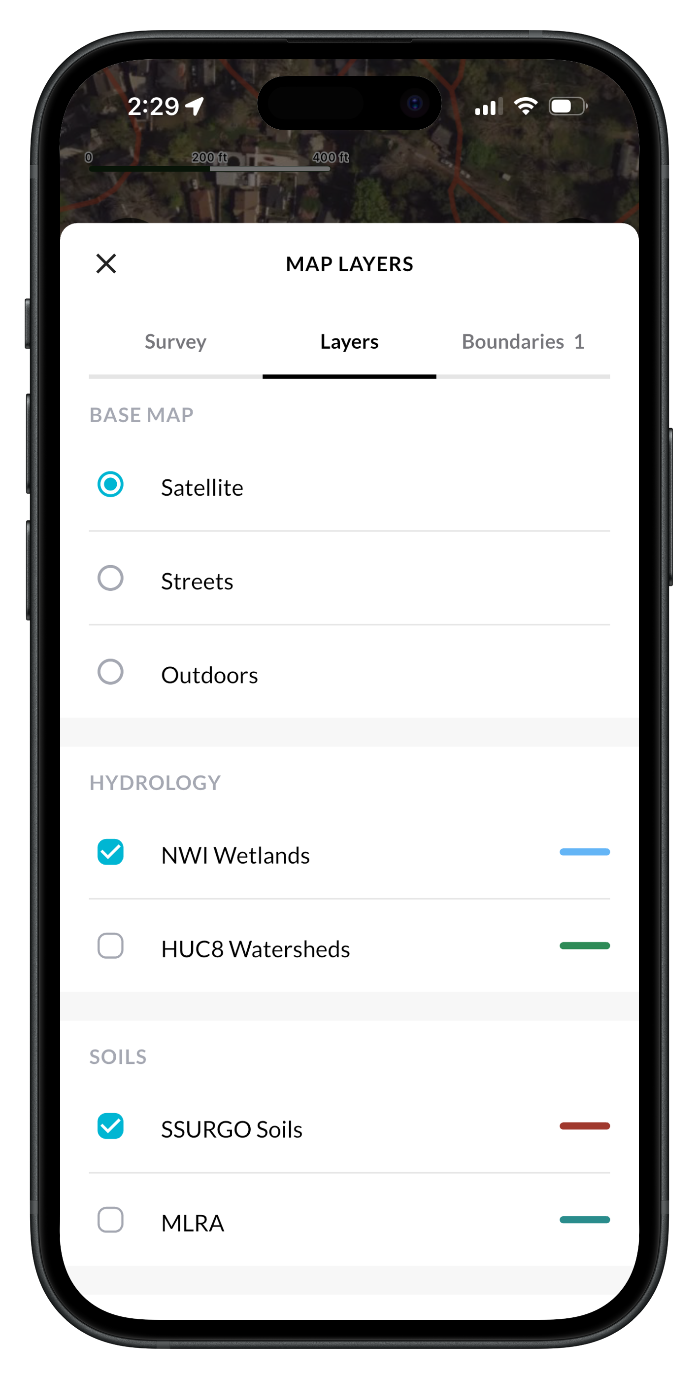 The Layers tab of Map Layers in Ecobot Collector, with the Satellite base map and the NWI Wetlands and SSURGO Soils layers on
