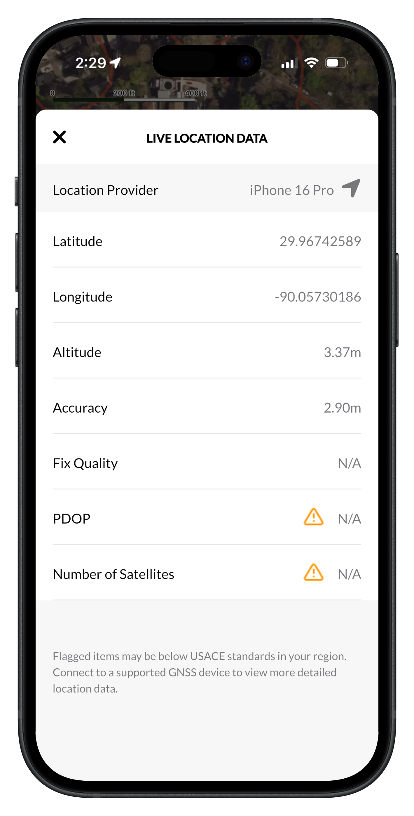 Live Location Data in Ecobot Collector, with warning icons next to PDOP and Number of Satellites