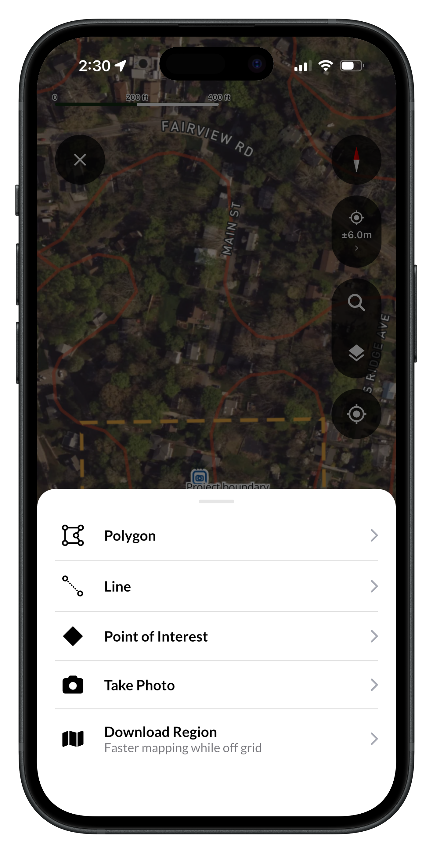 The Add Feature menu in Ecobot Collector: Polygon, Line, Point of Interest, Take Photo and Download Region