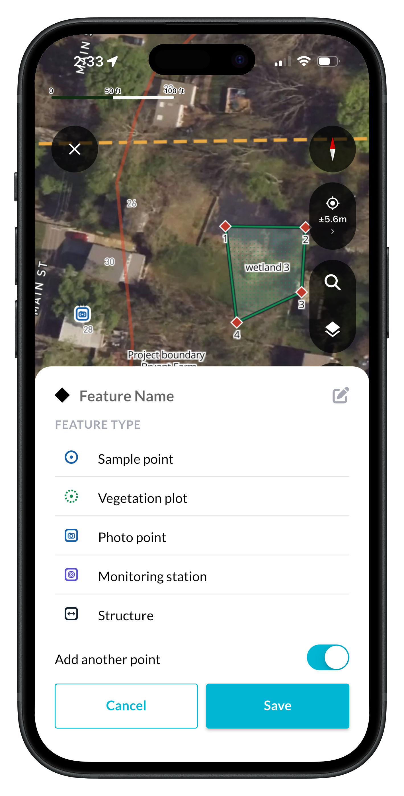 Adding a point of interest in Ecobot Collector, with the feature types and the Add another point switch