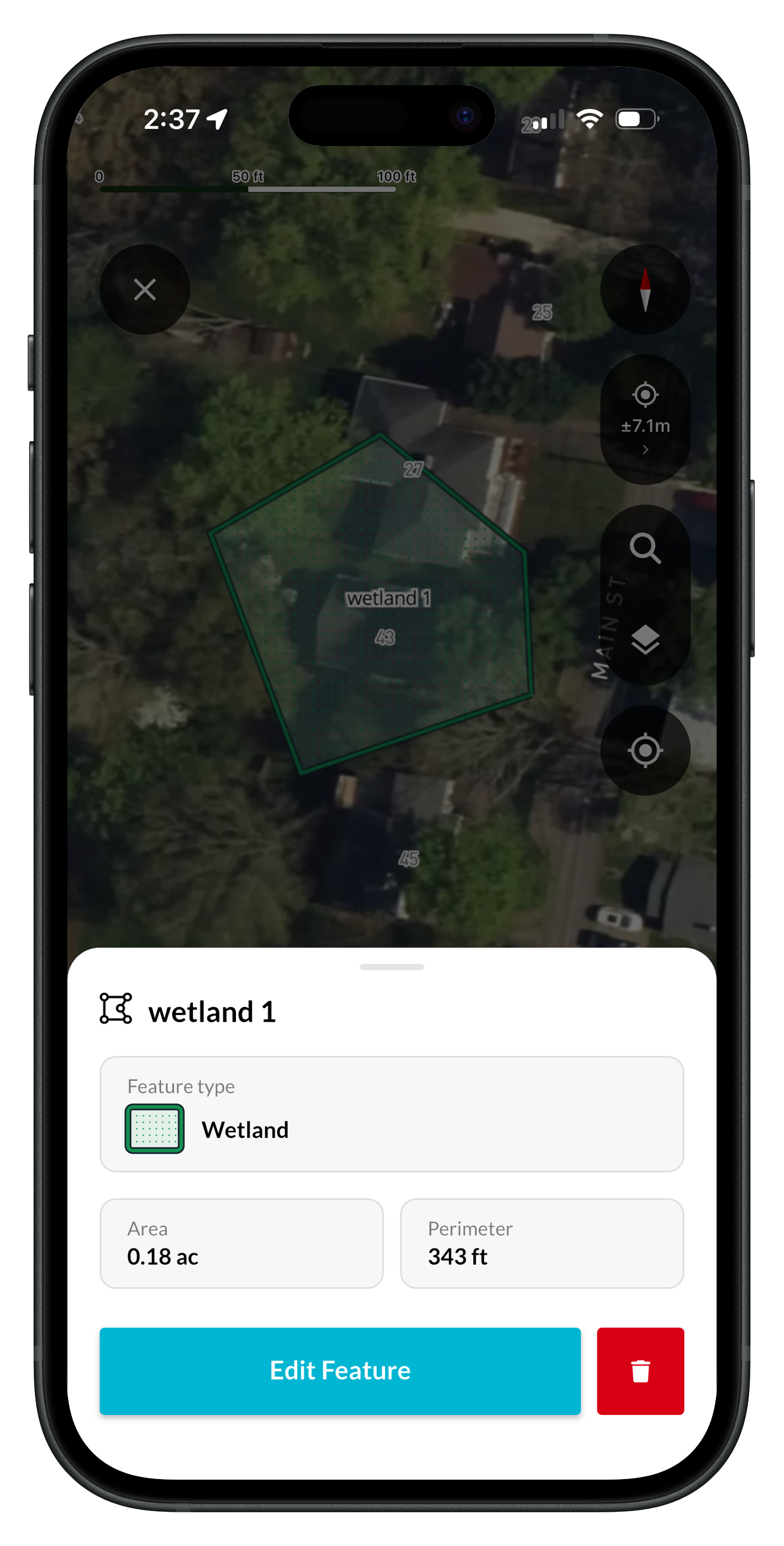 A wetland polygon's details in Ecobot Collector, with its area, perimeter, the Edit Feature button and the trash icon