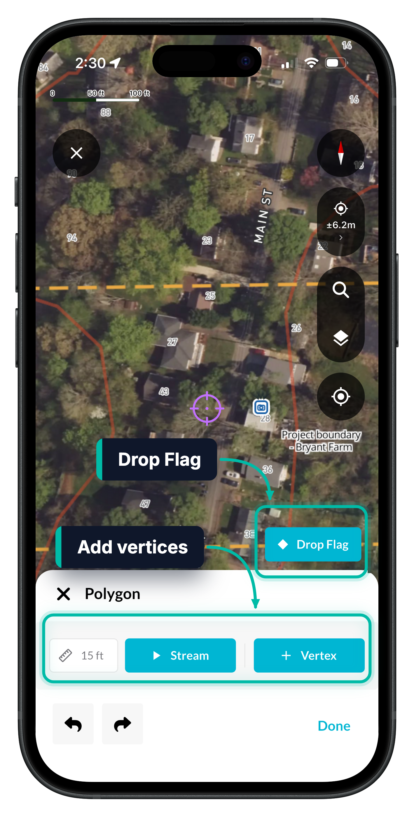 Drawing a polygon in Ecobot Collector, with the Drop Flag button and the distance, Stream and Vertex buttons highlighted