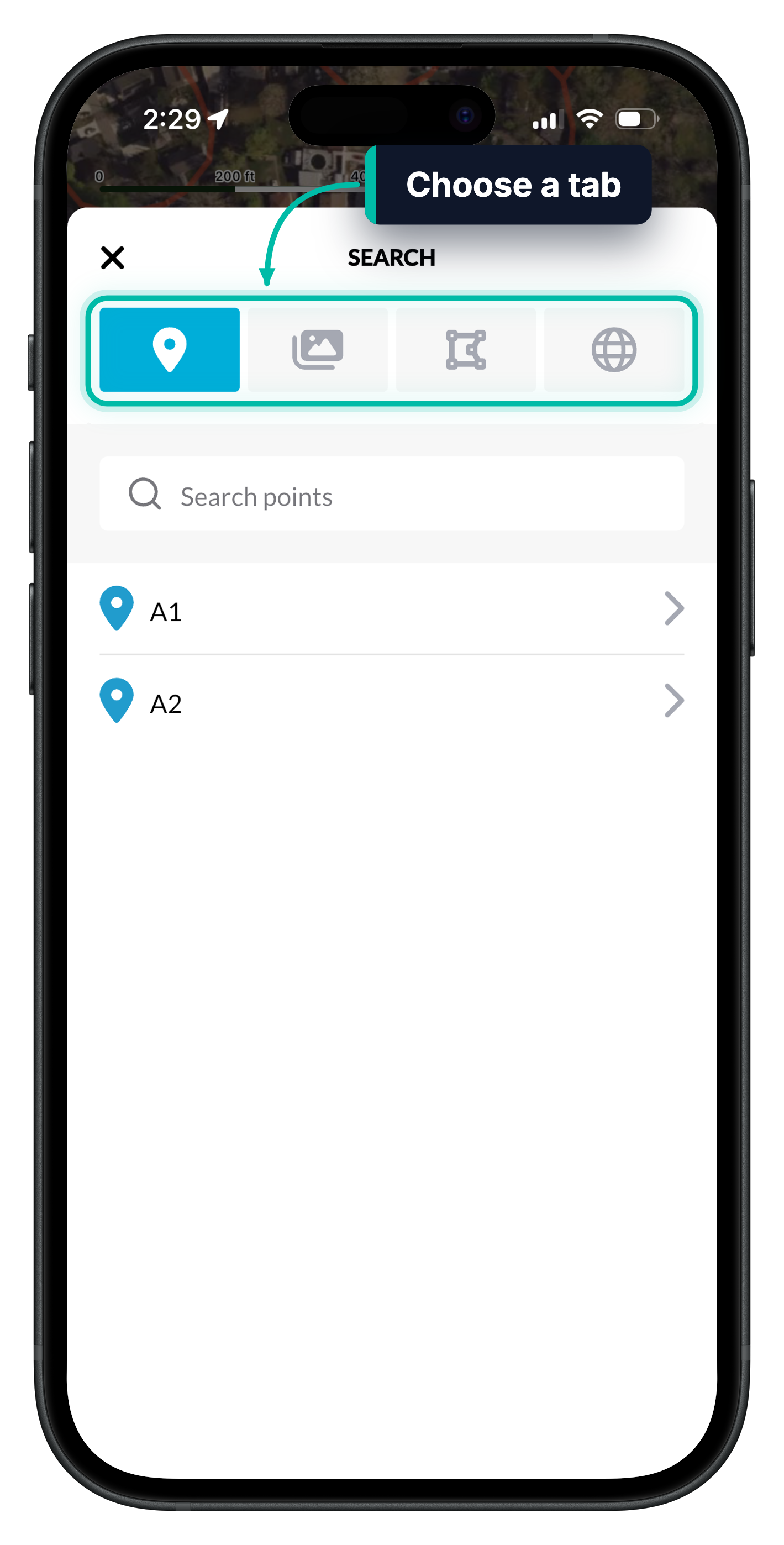 Search on the Ecobot Collector map, with the Points, Photos, Features and Places tabs highlighted