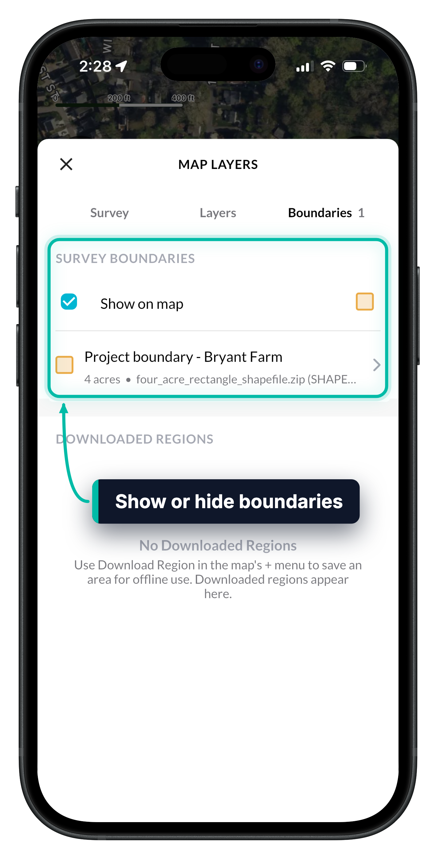 The Boundaries tab of Map Layers in Ecobot Collector, with Survey Boundaries and Show on map highlighted