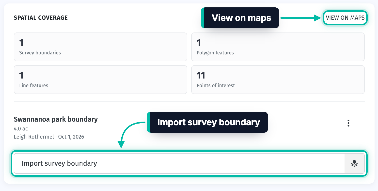 The Spatial coverage panel on a survey's Overview tab in Ecobot Manager, with View on maps and Import survey boundary highlighted