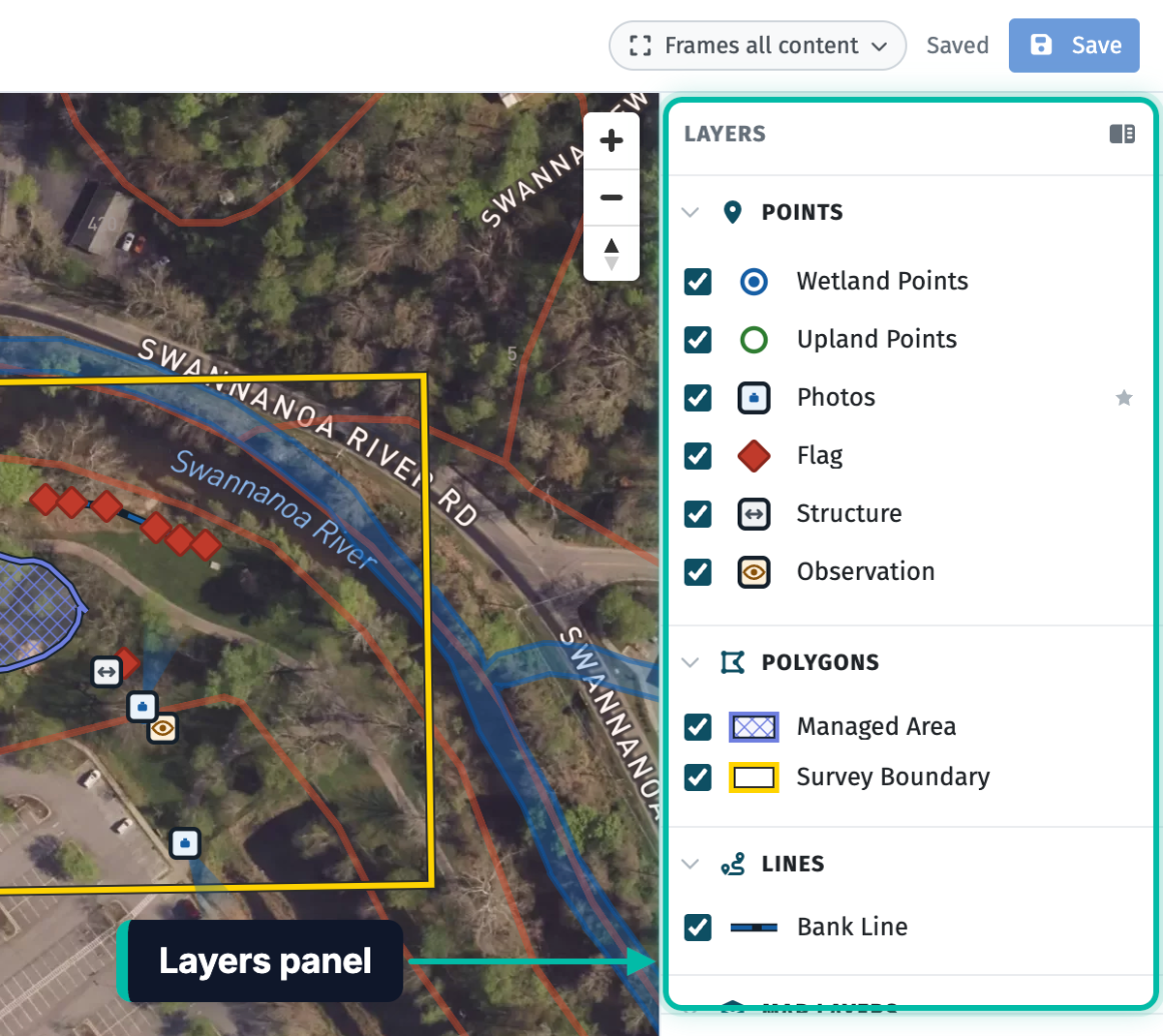 A map in Ecobot Manager, with the Layers panel highlighted