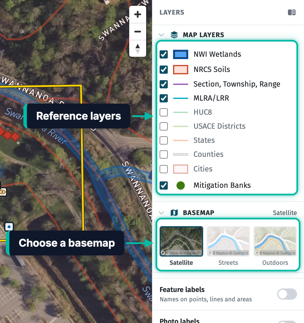 The Map layers and Basemap groups of the Layers panel in Ecobot Manager, with the reference layers and the Satellite, Streets and Outdoors basemaps highlighted