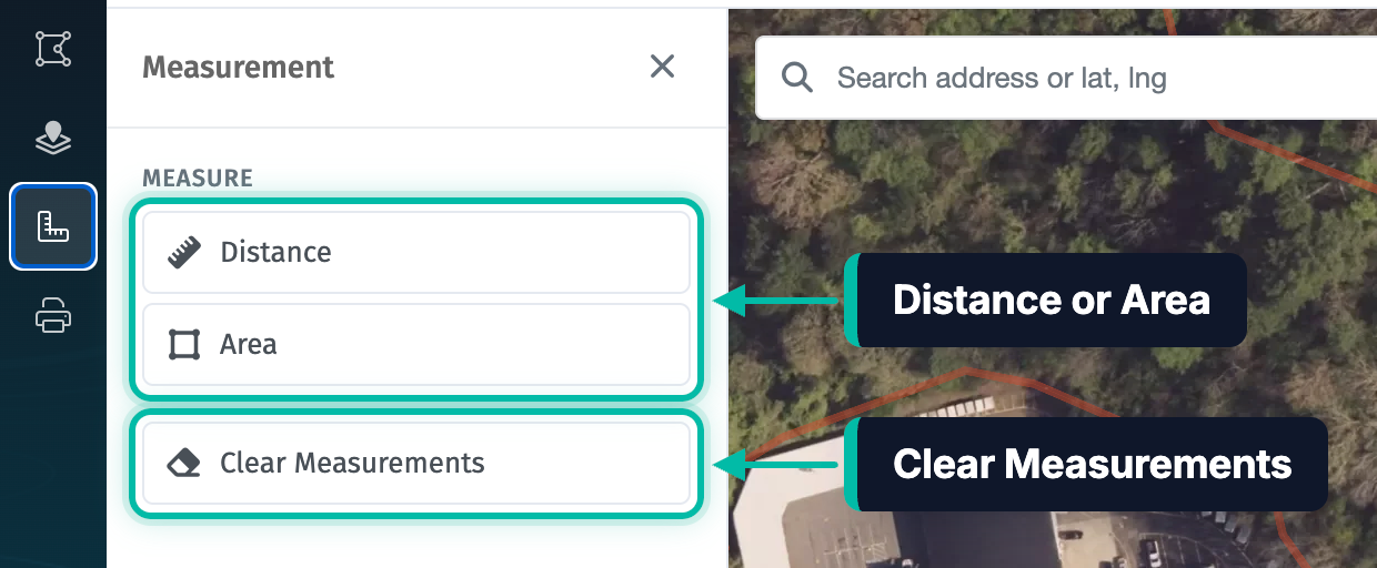 The Measurement panel in Ecobot Manager, with Distance, Area and Clear Measurements highlighted