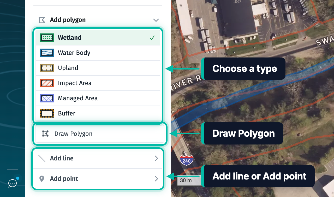 The Survey Features panel in Ecobot Manager, with the polygon types, the Draw Polygon button and Add line and Add point highlighted