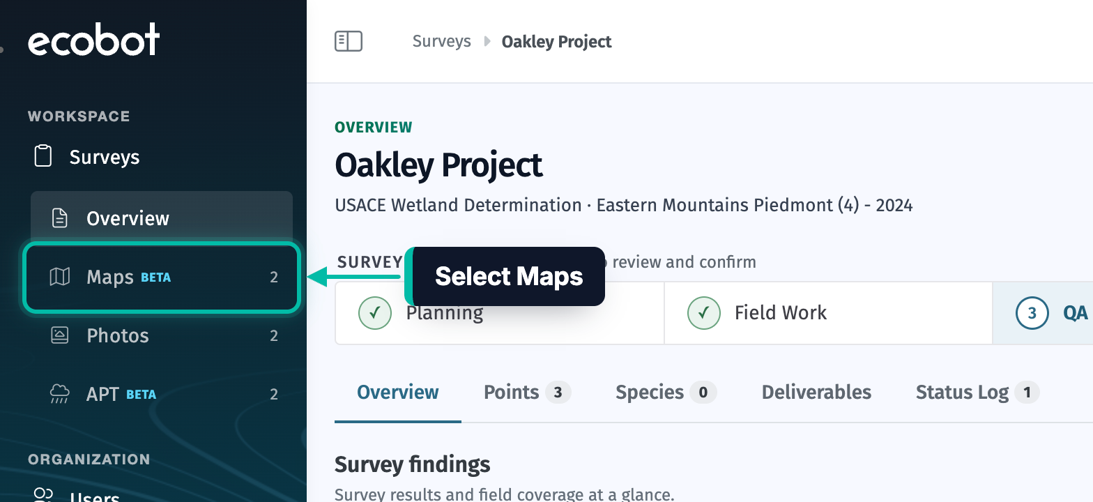 A survey in Ecobot Manager, with Maps in the sidebar highlighted