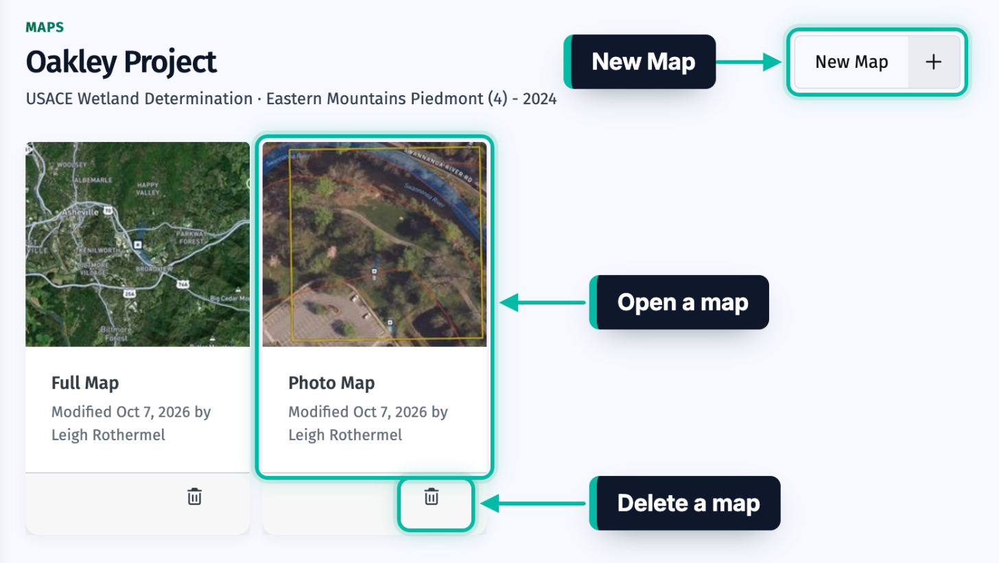 A survey's Maps page in Ecobot Manager, with the New Map button, a map and its delete icon highlighted