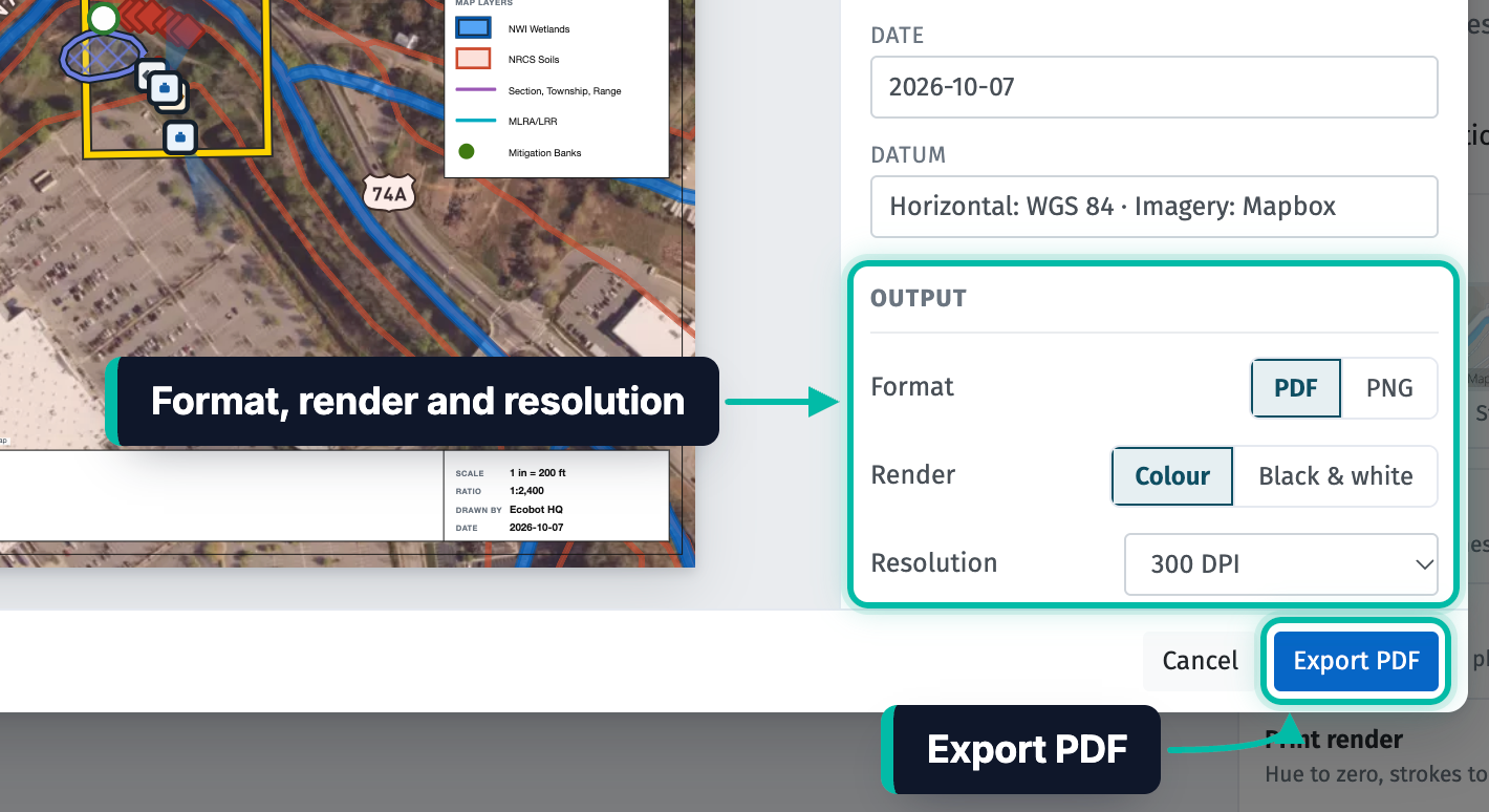 The Export map window in Ecobot Manager, with the Output settings and the Export PDF button highlighted