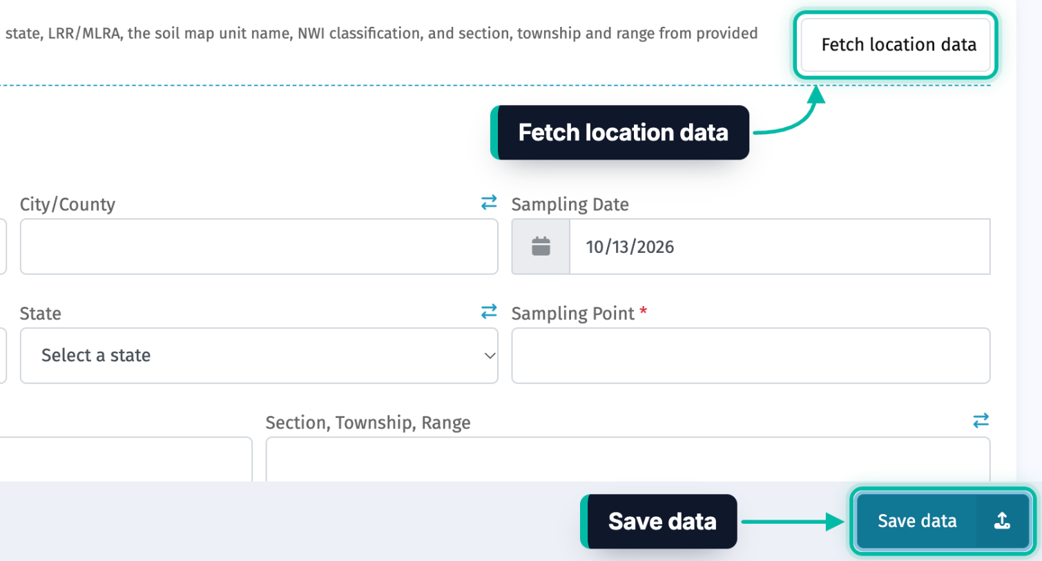 The Add sampling point form in Ecobot Manager, with the Fetch location data and Save data buttons highlighted