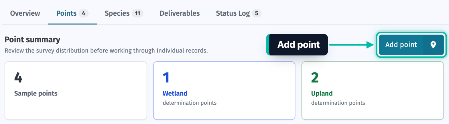 The Points tab of a survey in Ecobot Manager, with the Add point button highlighted