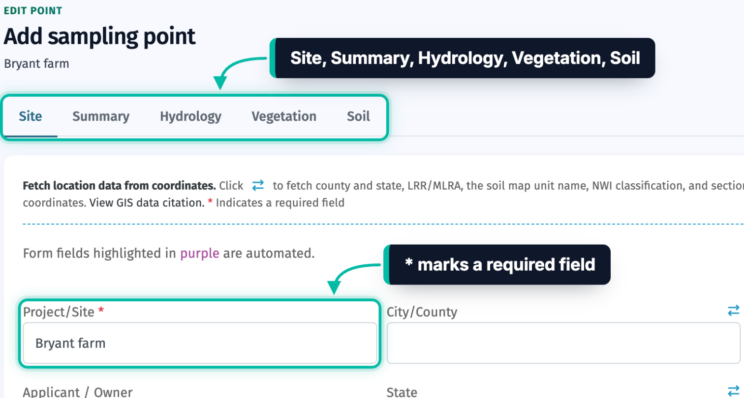 The Add sampling point form in Ecobot Manager, with the Site, Summary, Hydrology, Vegetation and Soil sections and the required Project/Site field highlighted