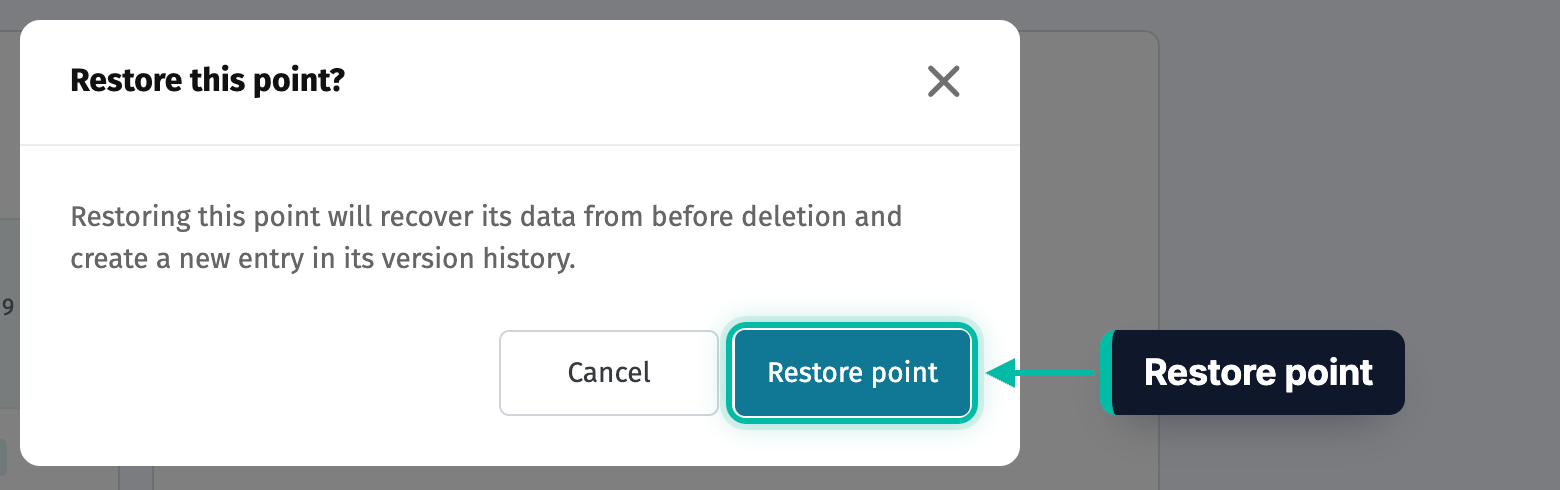 The Restore this point? window in Ecobot Manager, with the Restore point button highlighted