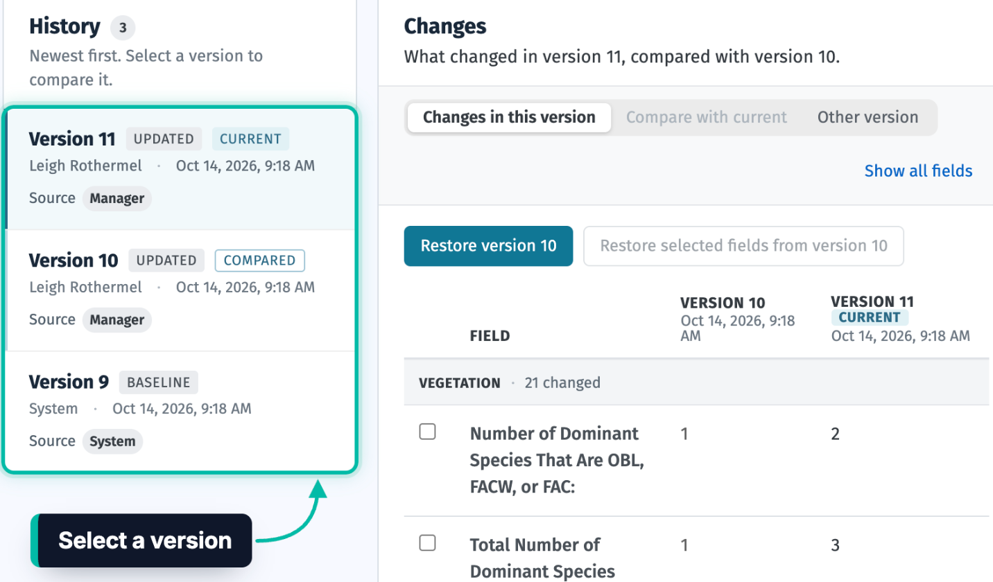 A point's history in Ecobot Manager, with the list of versions highlighted