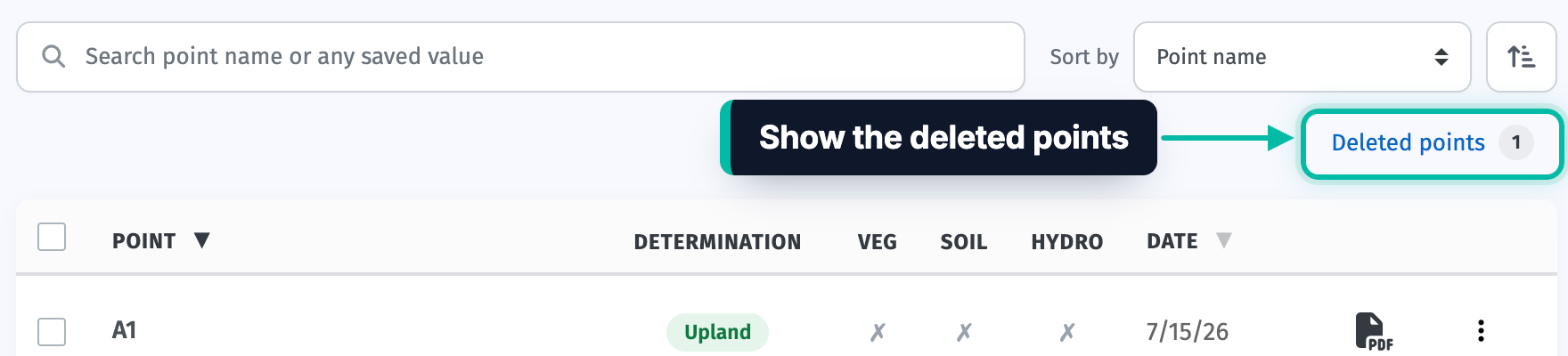 The Points tab of a survey in Ecobot Manager, with the Deleted points button highlighted