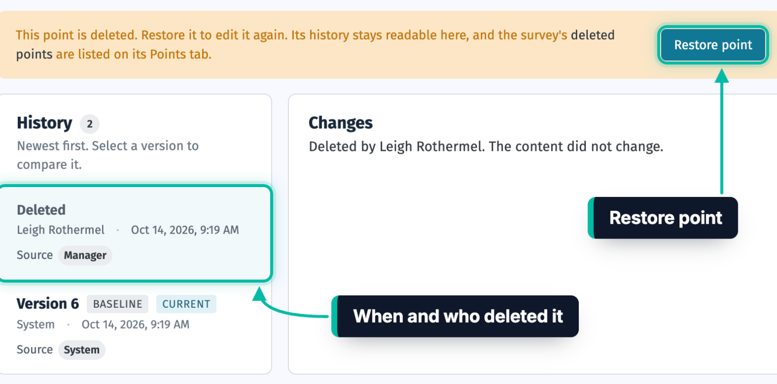 A deleted point's history in Ecobot Manager, with the Restore point button and the version showing who deleted it and when highlighted