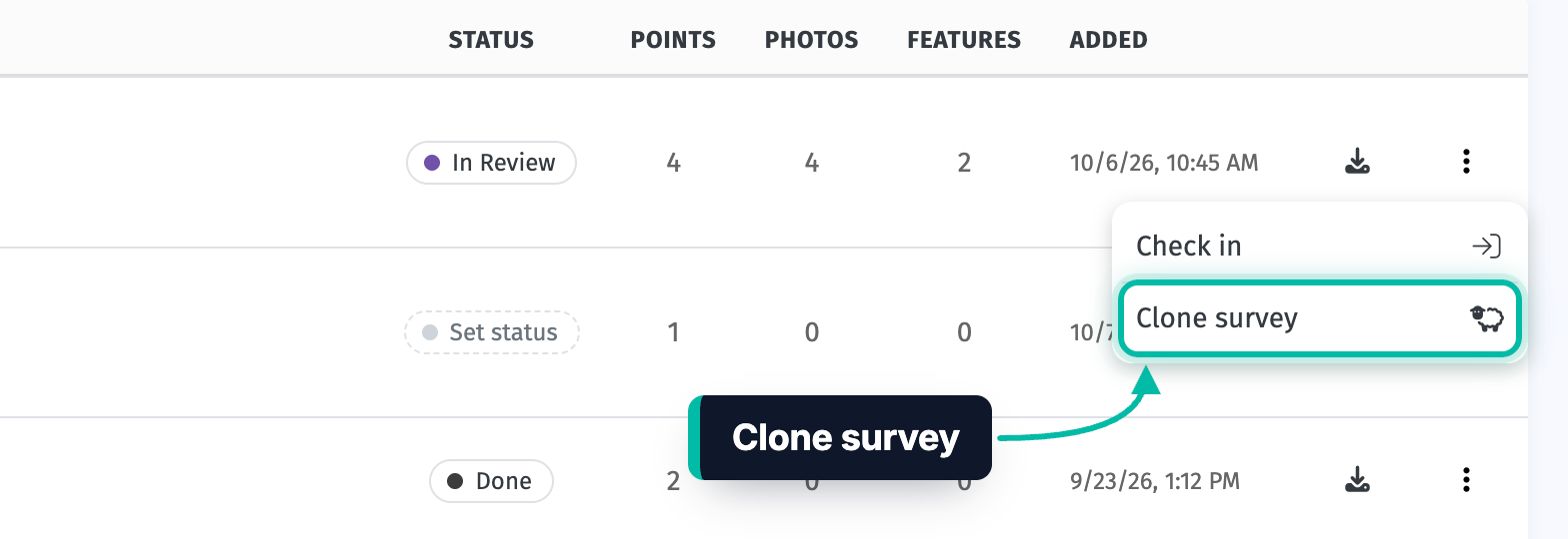A survey's menu on the Surveys page in Ecobot Manager, with Clone survey highlighted