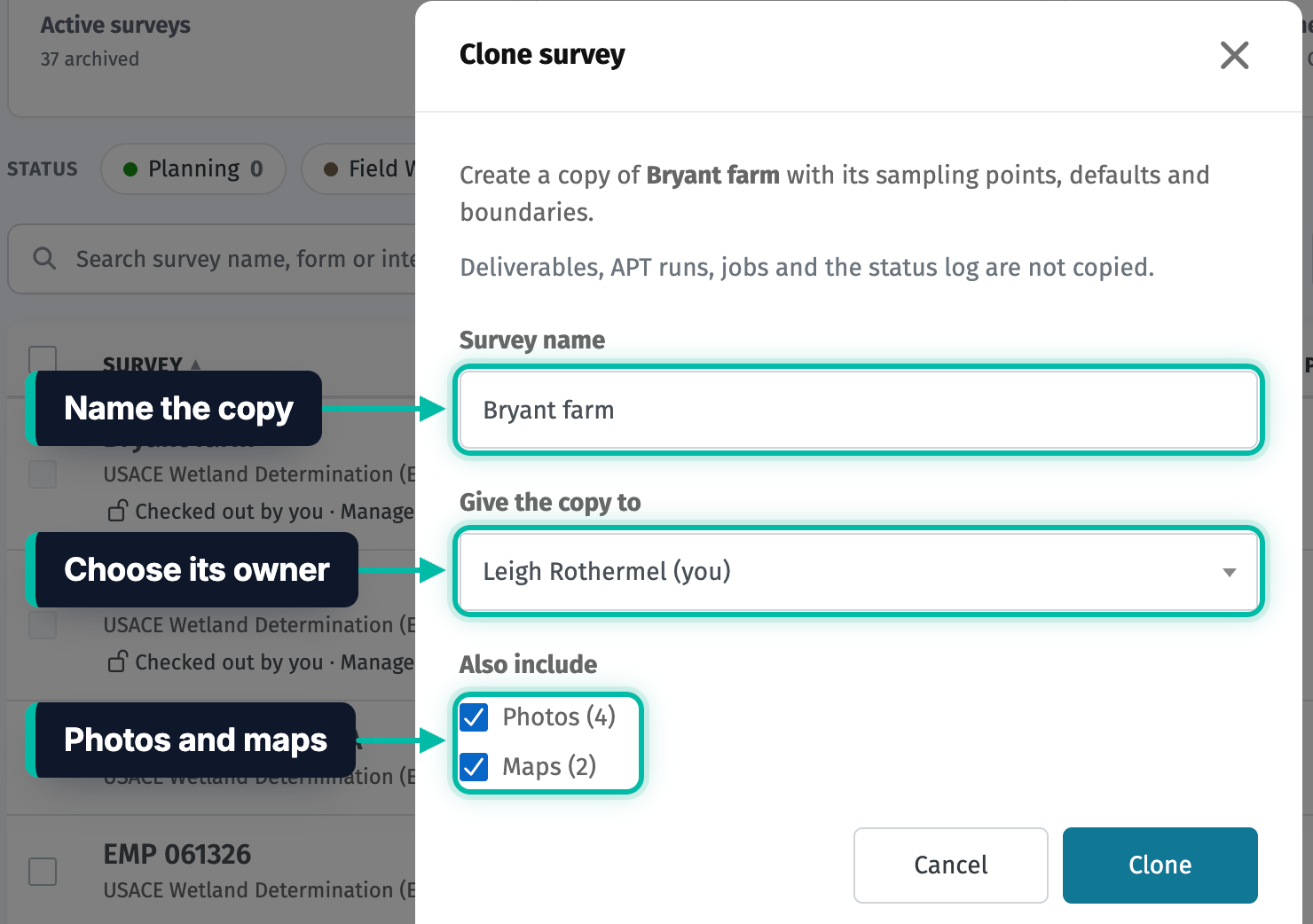 The Clone survey window in Ecobot Manager, with Survey name, Give the copy to, and the Photos and Maps options highlighted
