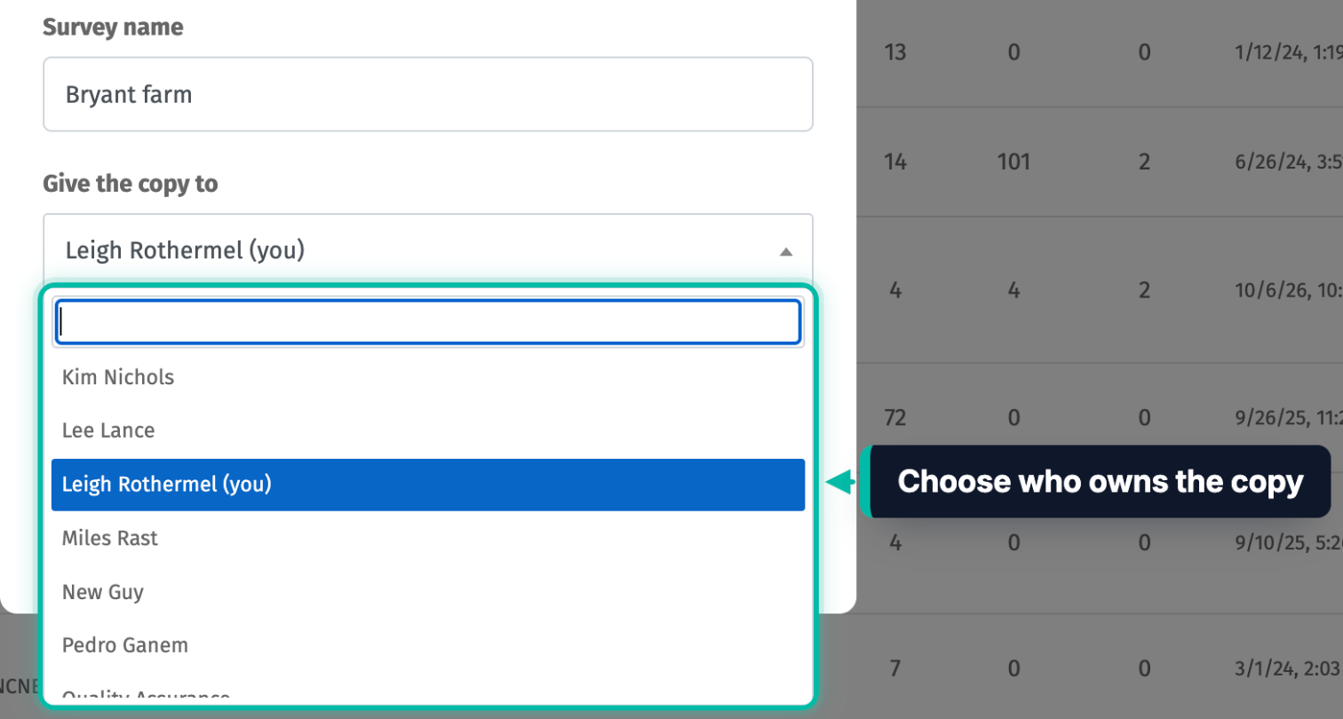 The Give the copy to list in the Clone survey window in Ecobot Manager, showing the people in the organization
