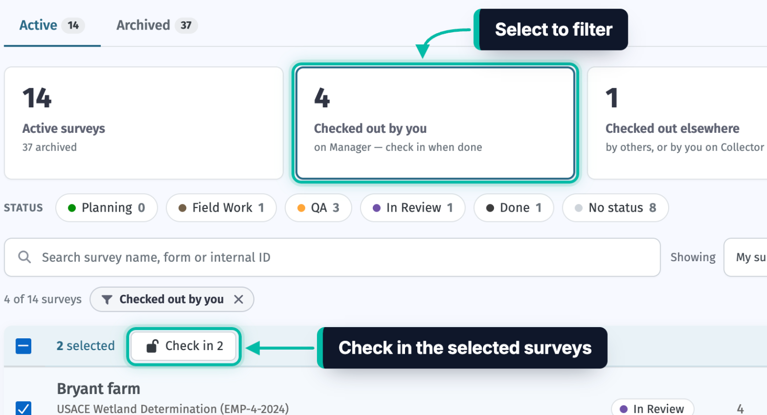 The Surveys page in Ecobot Manager filtered to surveys checked out by you, with the Checked out by you box and the Check in button highlighted