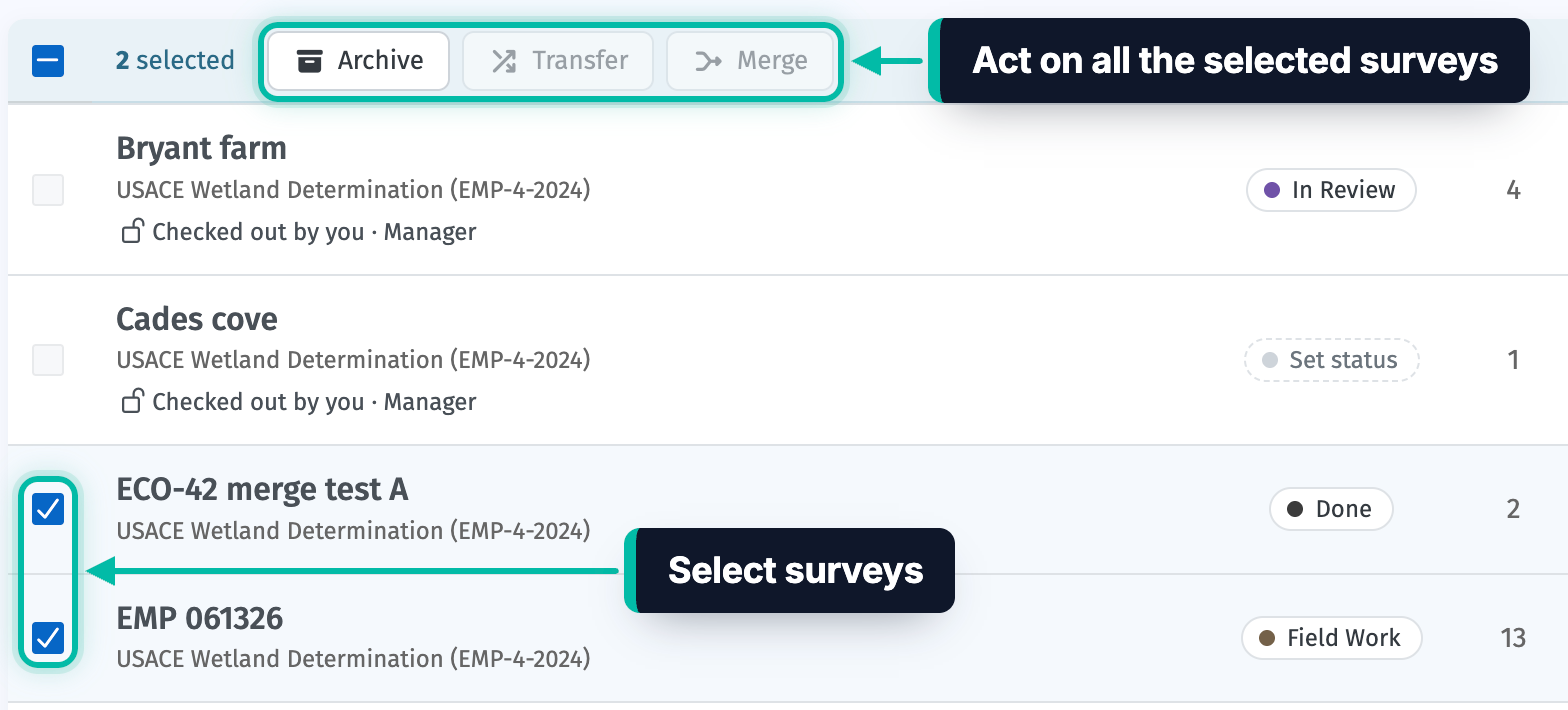 The Surveys page in Ecobot Manager with two surveys selected, and the Archive, Transfer and Merge buttons highlighted