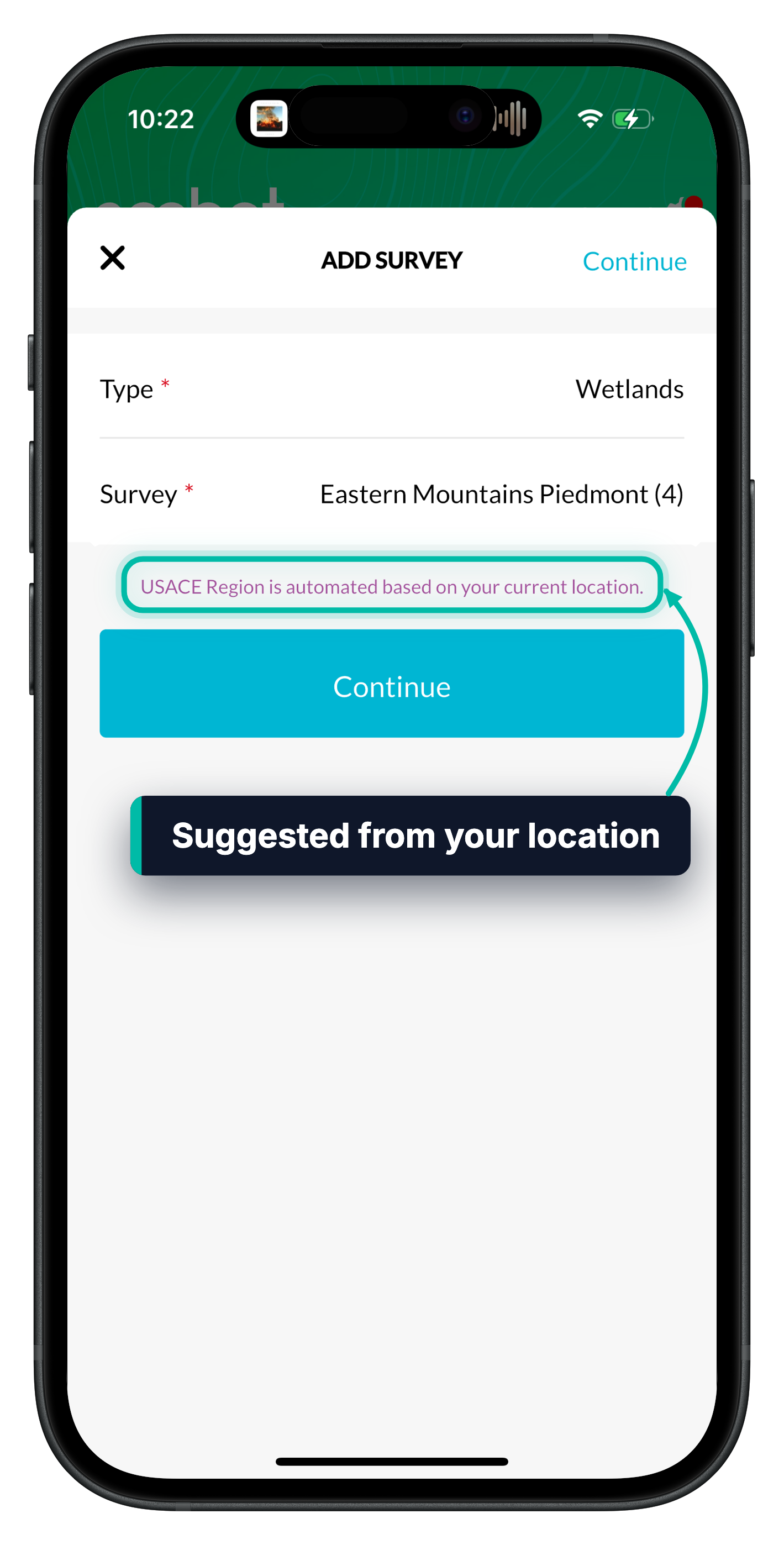 The Add Survey screen in Ecobot Collector, with the note that the USACE region is set from your current location highlighted