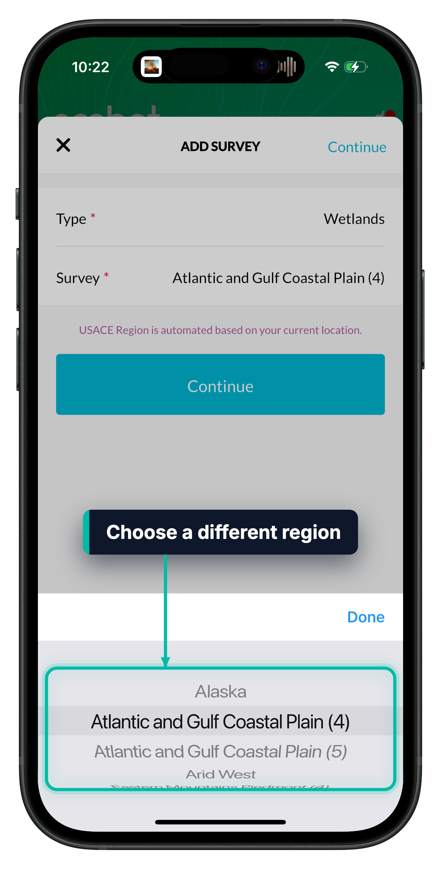 The list of regions on the Add Survey screen in Ecobot Collector, highlighted