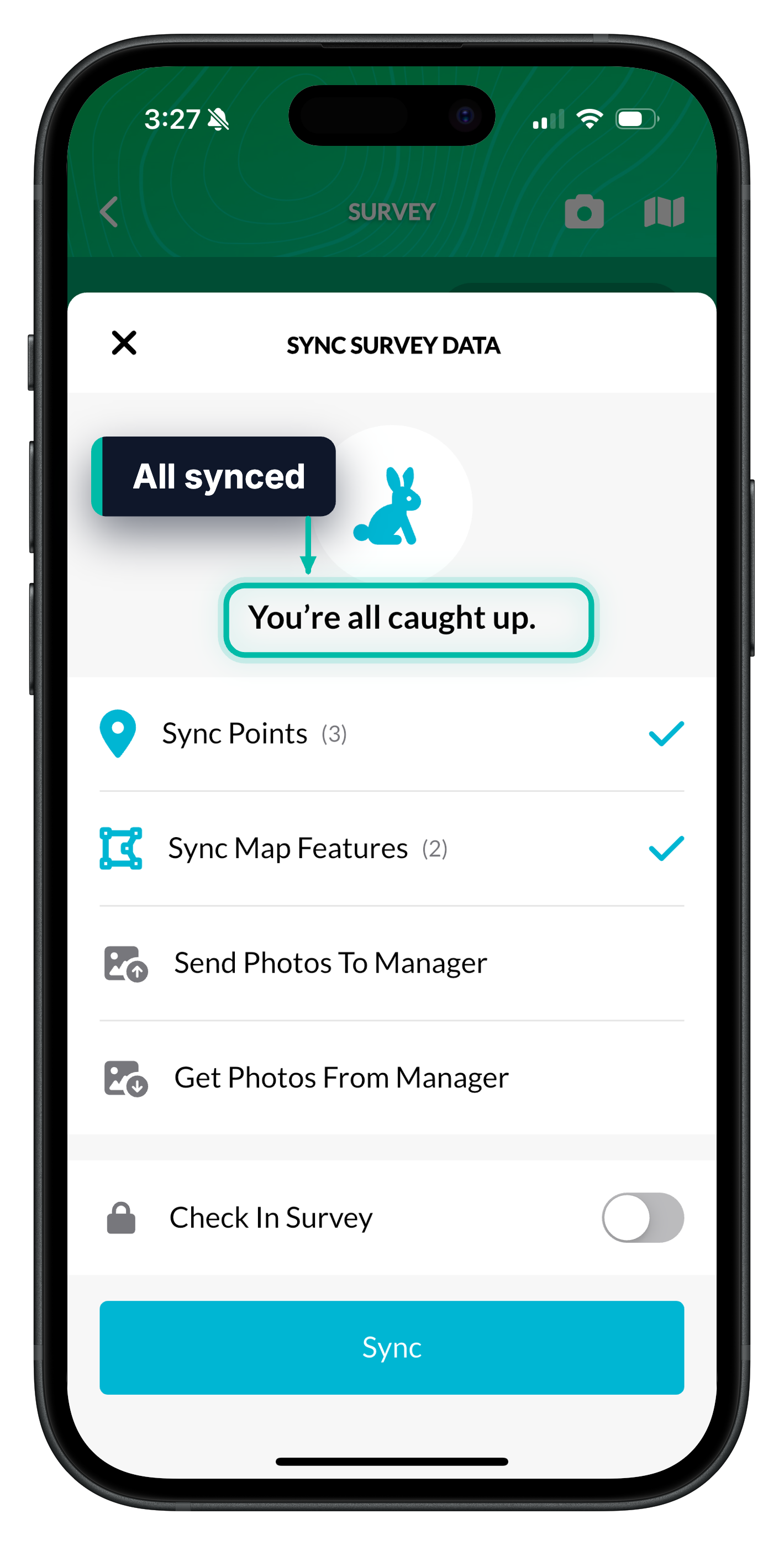 The Sync Survey Data panel in Ecobot Collector, with You're all caught up highlighted