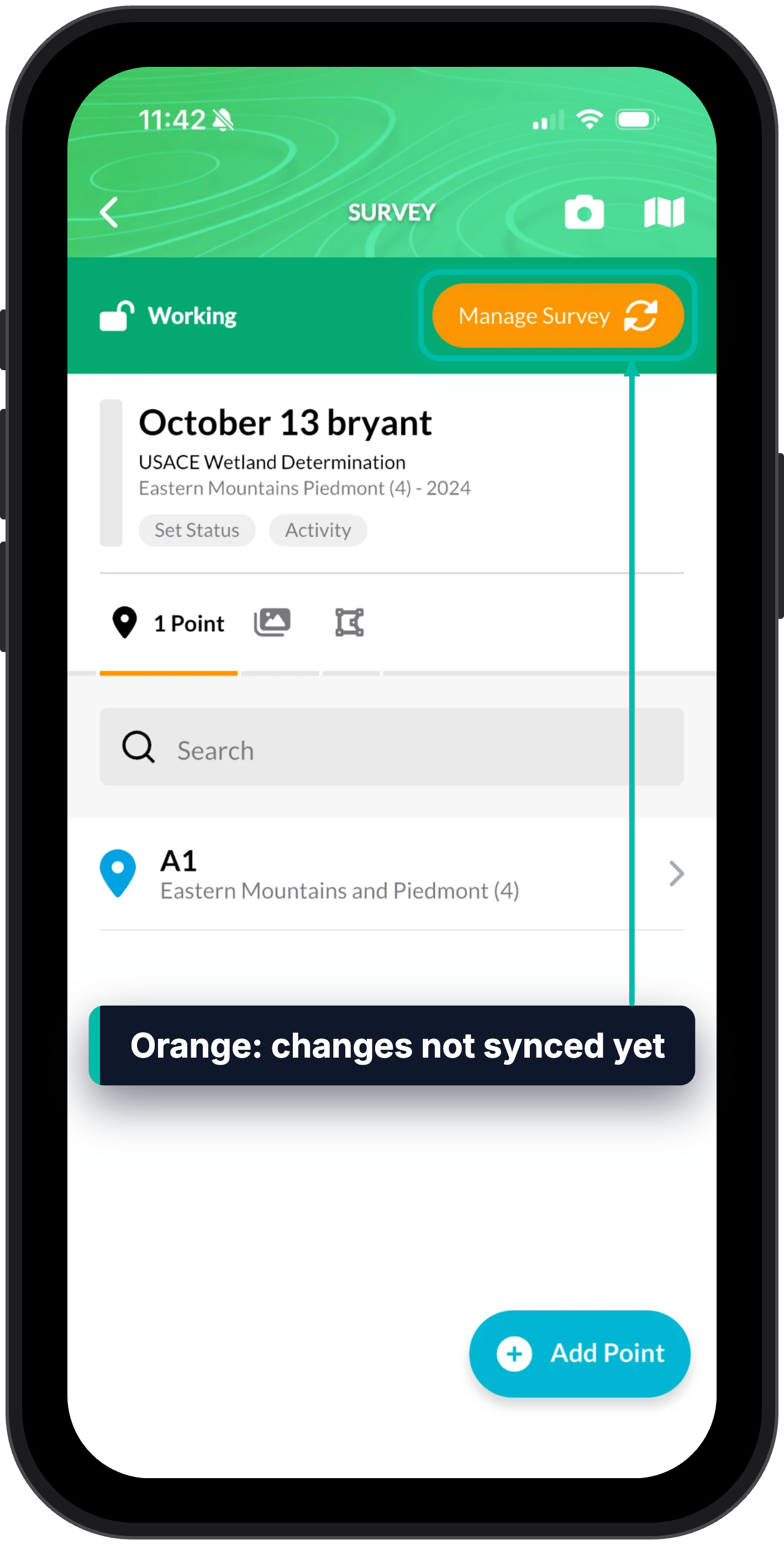 A survey in Ecobot Collector, with the orange Manage Survey button highlighted