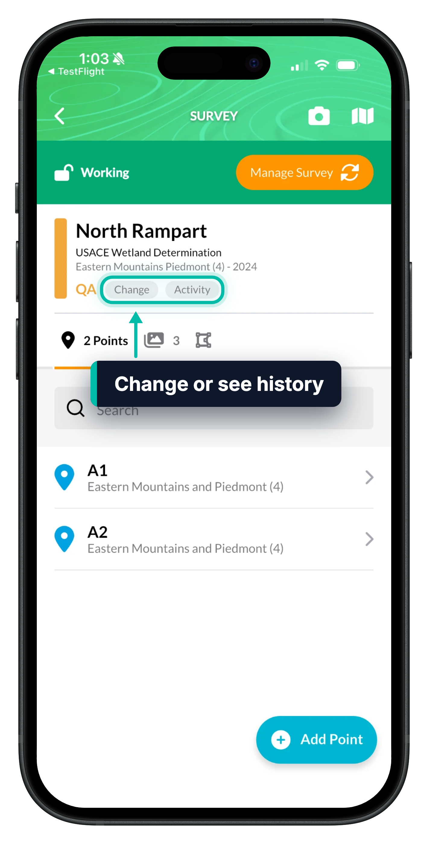 A survey in Ecobot Collector, with the Change and Activity buttons under the survey name highlighted
