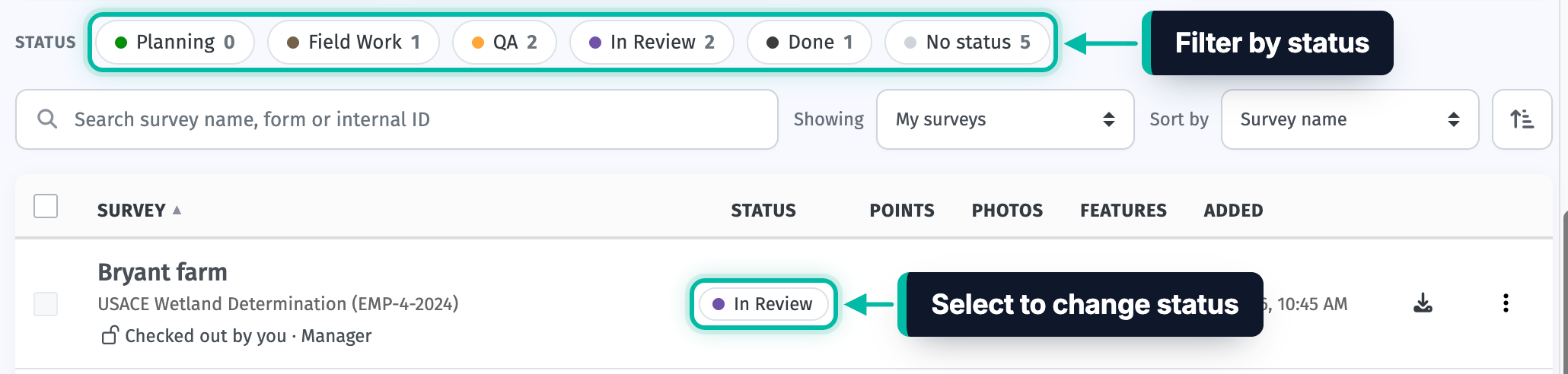 The Surveys page in Ecobot Manager, with the status filter buttons and a survey's In Review status highlighted