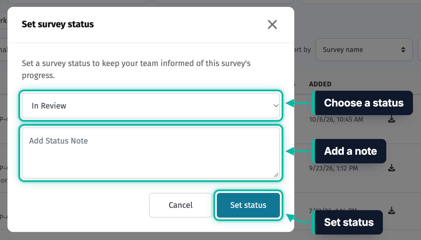 The Set survey status dialog in Ecobot Manager, with the status list, the note box and the Set status button highlighted