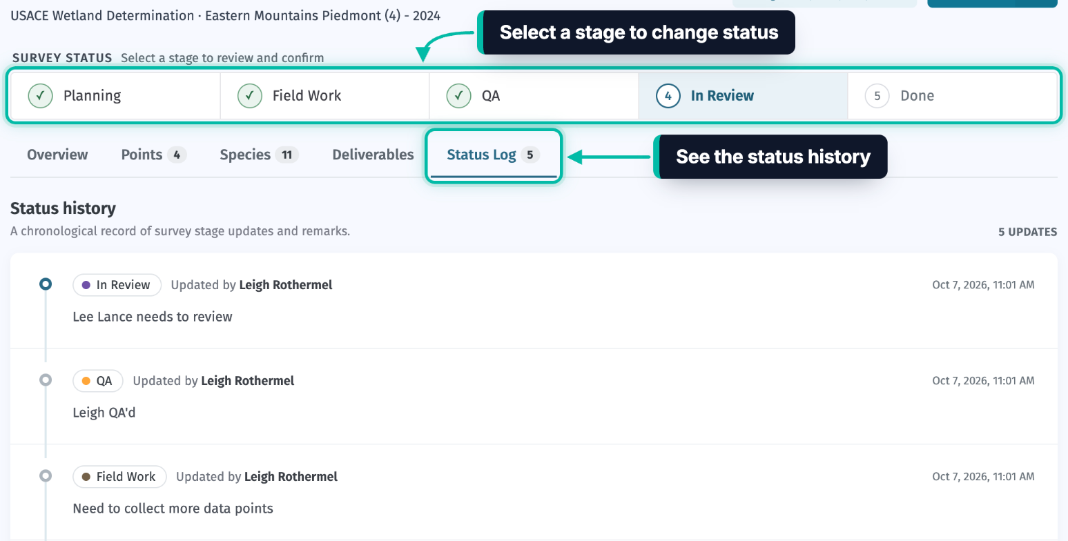 A survey in Ecobot Manager, with the Survey status bar and the Status Log tab highlighted above the survey's status history