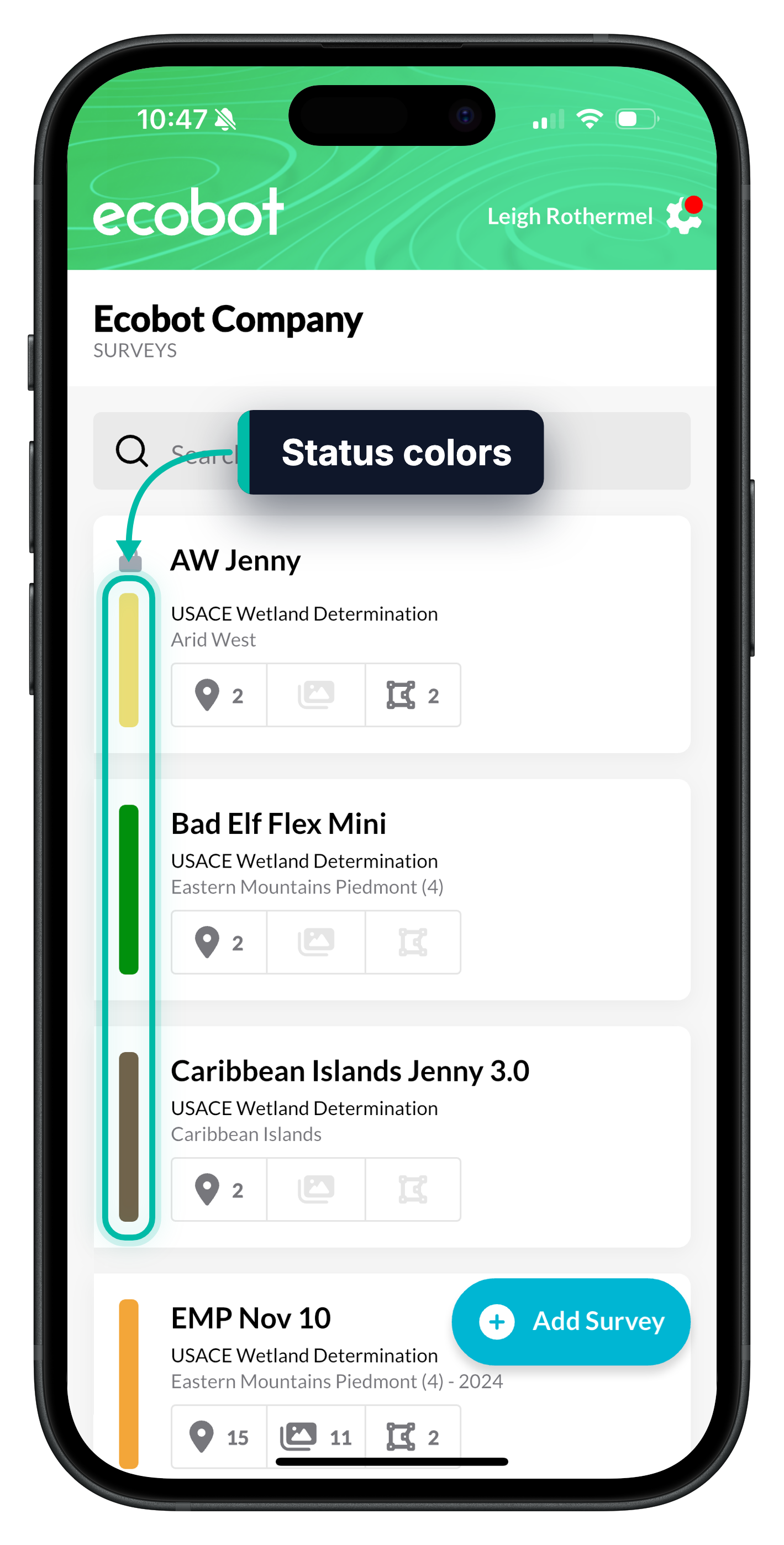 The survey list in Ecobot Collector, with the colored status bars on the left of each survey highlighted