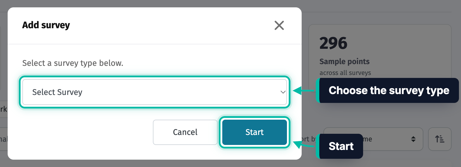The Add survey dialog in Ecobot Manager, with the survey type list and the Start button highlighted
