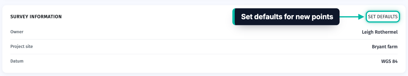 The Survey Information card on a survey's Overview tab in Ecobot Manager, with Set defaults highlighted
