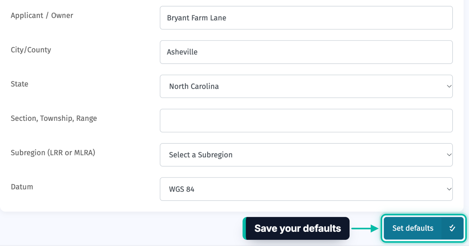 The Survey defaults form in Ecobot Manager, with the Set defaults button highlighted
