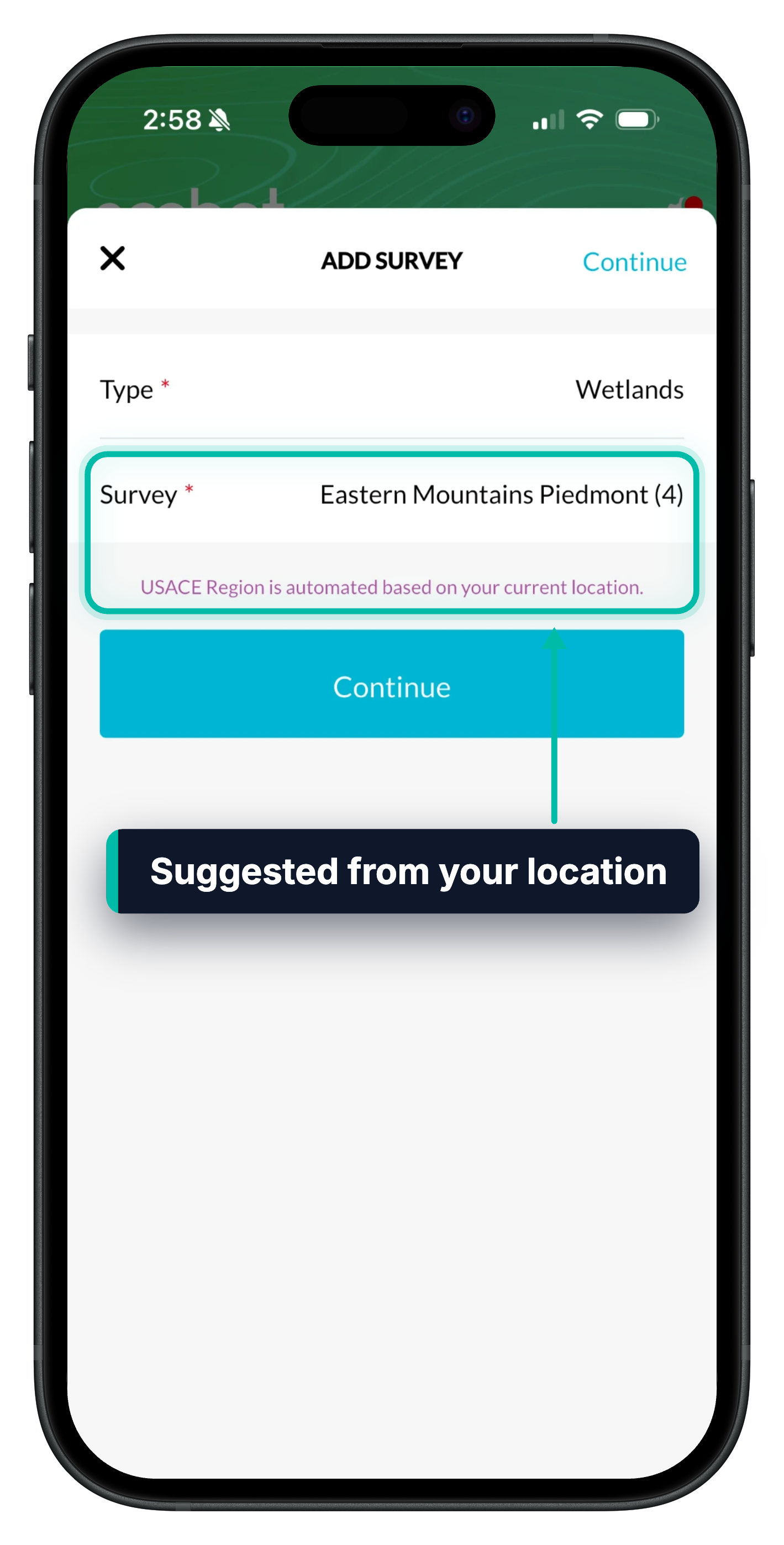 The Add Survey screen in Ecobot Collector, with the Survey field and the note that the USACE region is suggested from your current location highlighted