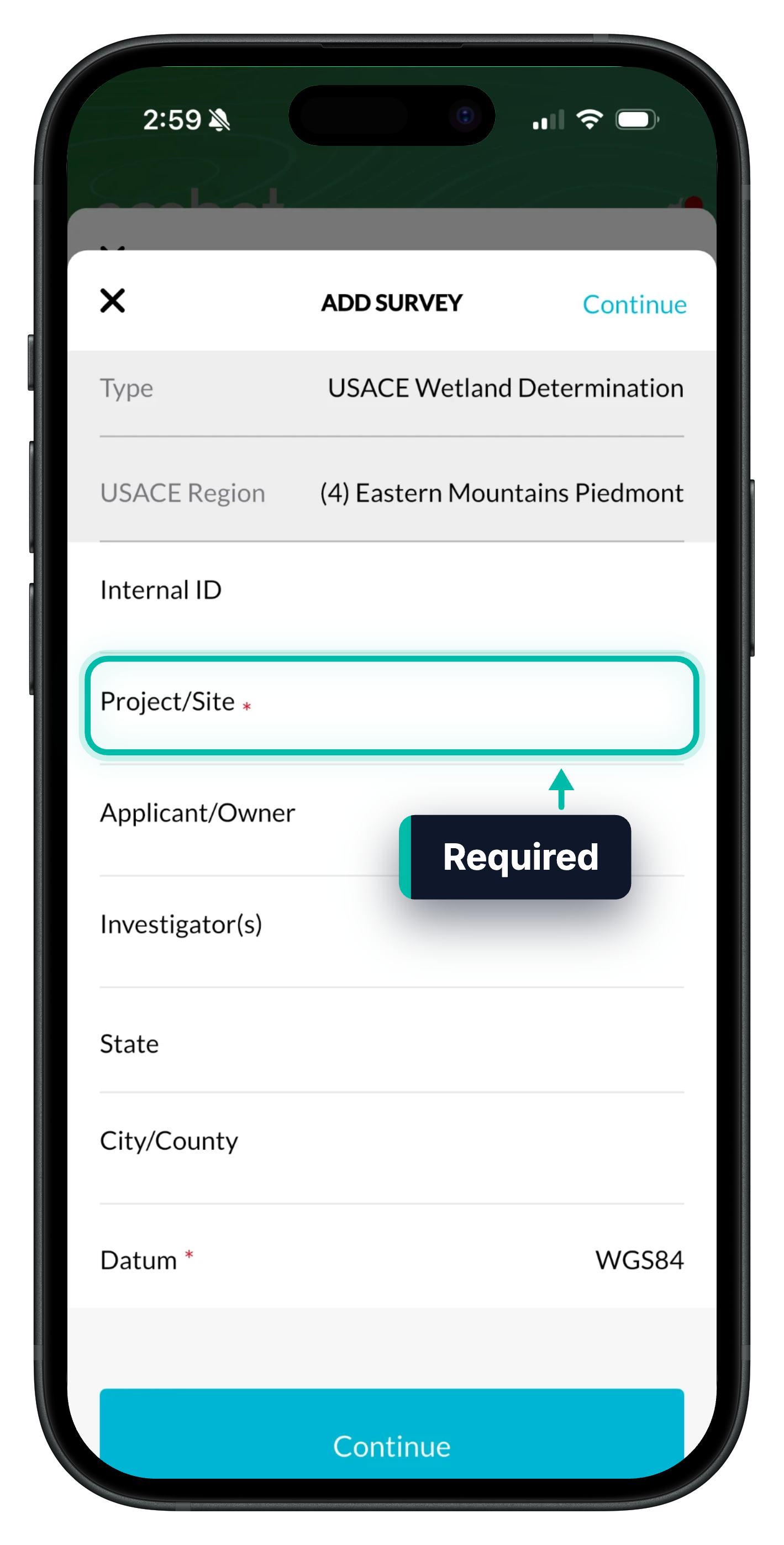 The Add Survey form in Ecobot Collector, with the required Project/Site field highlighted
