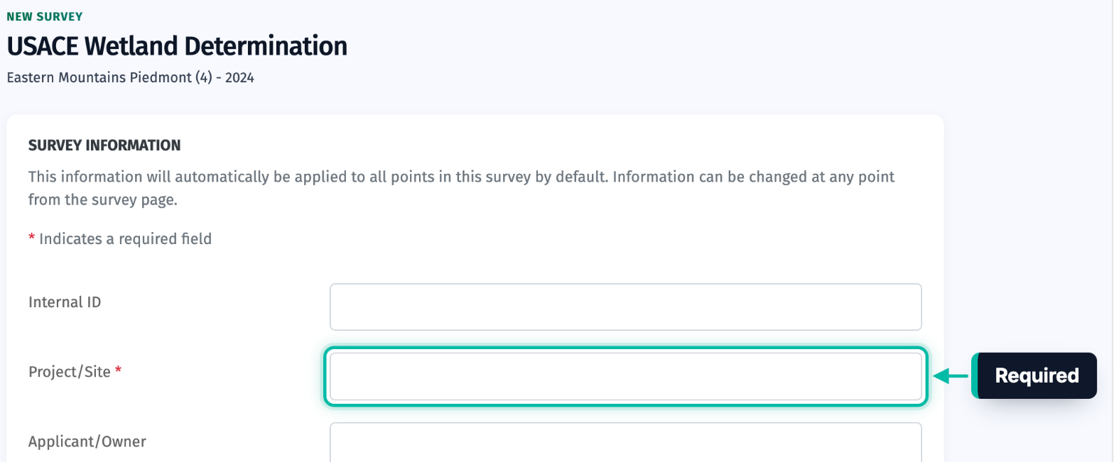 The new survey form in Ecobot Manager, with the required Project/Site field highlighted